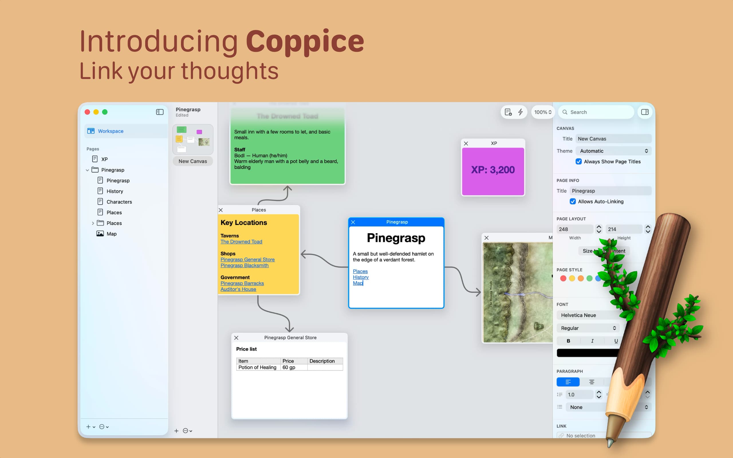 Introducing Coppice. Screen shot of Coppice, showing pages on a canvas. The pages are linked with arrows showing the connections between them