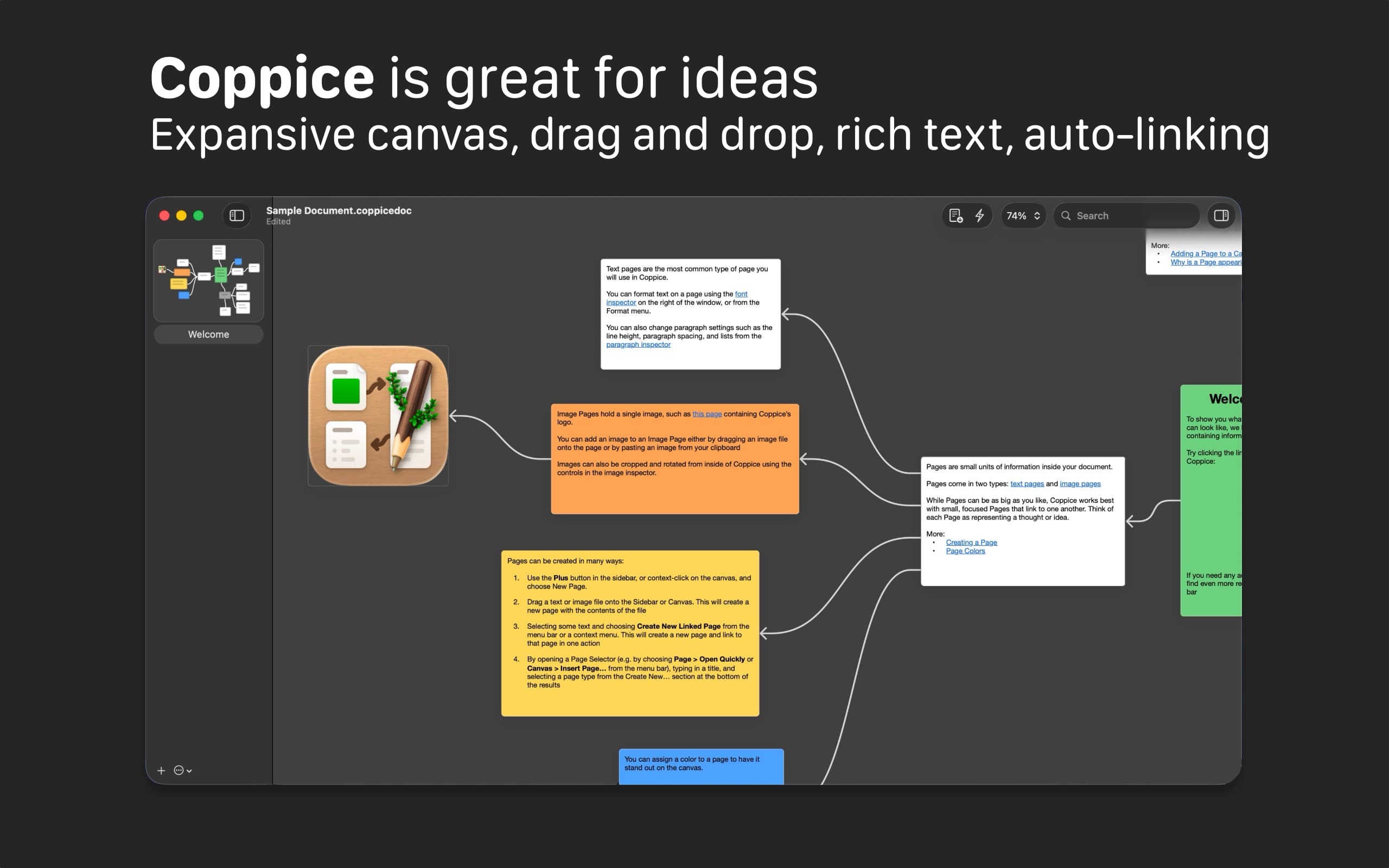 Coppice is great for ideas. Expansive canvas, drag and drop, rich text, auto-linking
