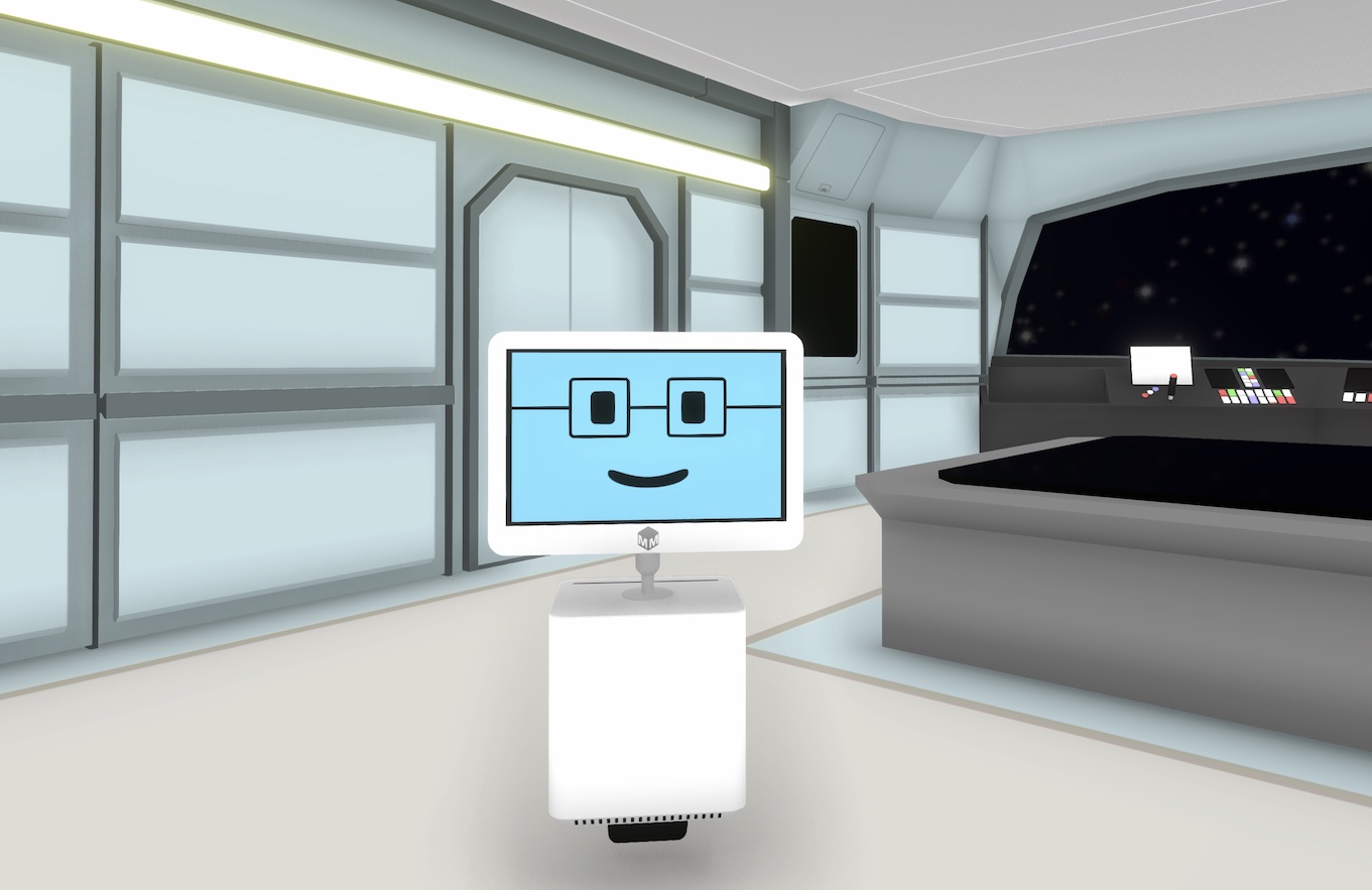 A 3D stream overlay with a small white robot with a computer screen for a head in a spaceship environment