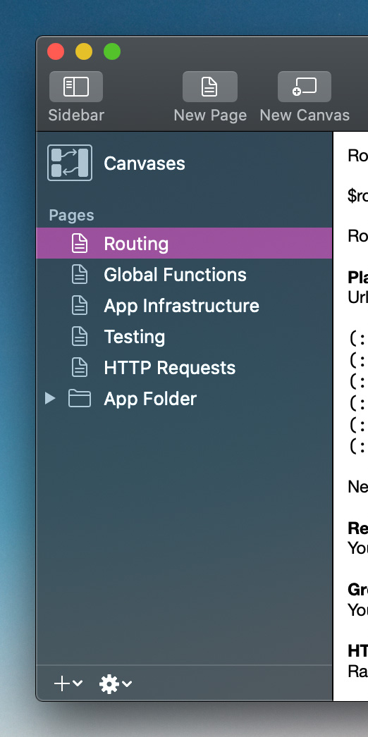 A standard mac app sidebar. The top row says Canvases. Below are rows for pages and a folder