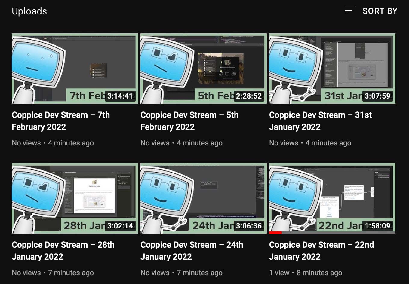 A grid of 6 youtube thumbnails for Coppice Dev Streams